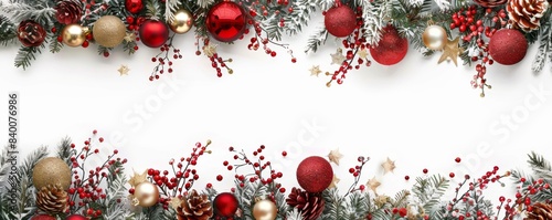 The decoration of fir branches and ornaments on white- a Christmas border