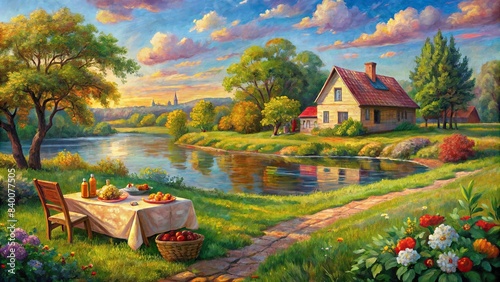 Impasto oil painting of a vintage farmhouse landscape with a picnic by the river , impasto, oil painting, farmhouse, vintage, landscape, picnic, river, wall art, digital art print photo