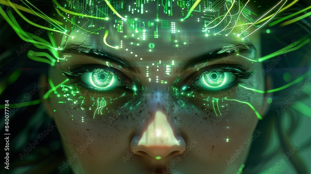 Glowing white eyes of female cyborg with long hair made from circuitry and green neon lines in the style of circuitry and green neon lines. Generative AI. Glowing white eyes of female cyborg with long hair made from circuitry and green neon lines in the style of circuitry and green neon lines. Generative AI.
