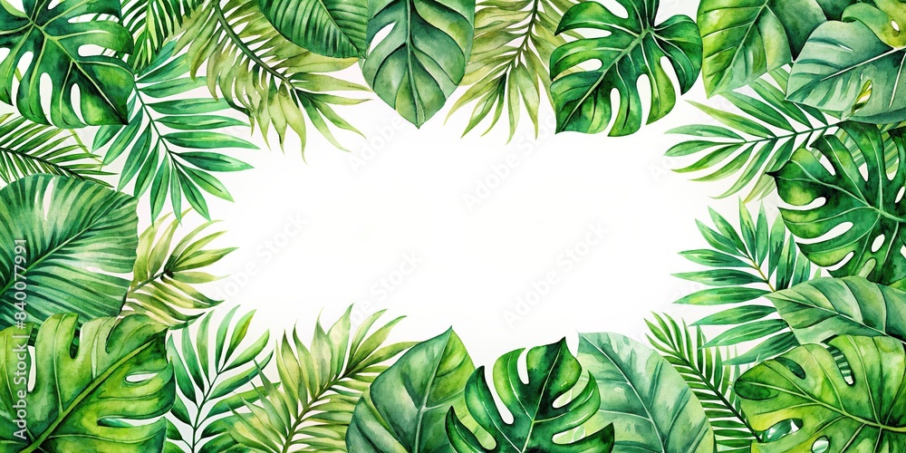 Tropical watercolor leaves frame on floral green background with monstera leaf for greeting cards or jungle design template, tropical, watercolor, leaves, frame, floral, green, background