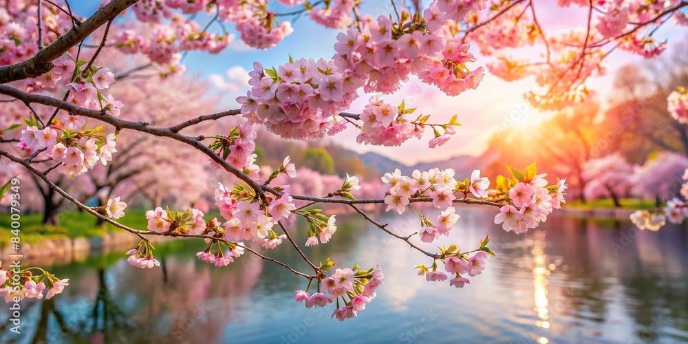 Delicate cherry blossoms adorning tree branches in a picturesque springtime scene, cherry blossoms, tree branches, springtime, delicate, blooming, flowers, petals, pink, nature, beauty, season