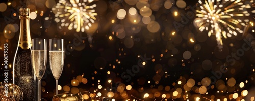 An abstract background with champagne and fireworks to celebrate the New Year