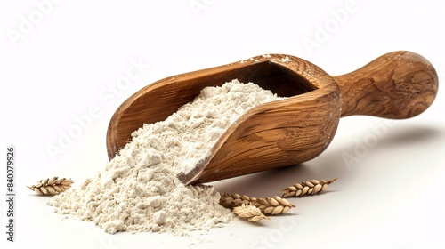 A wooden scoop brimming with Organic Wheat Flour, seen from the front against a white backdrop. photo