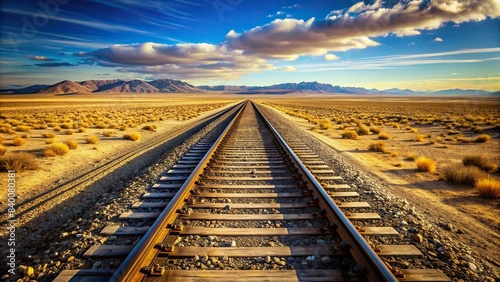 Endless railway tracks extending through a vast desert landscape, rails, desert, distance, perspective, vanishing point, transportation, travel, horizon, arid, sandy, wilderness, barren photo
