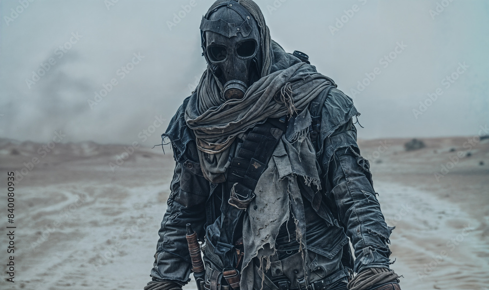 Man in gas mask and post-apocalyptic clothing standing in a desert wasteland Man in gas mask and post-apocalyptic clothing standing in a desert wasteland