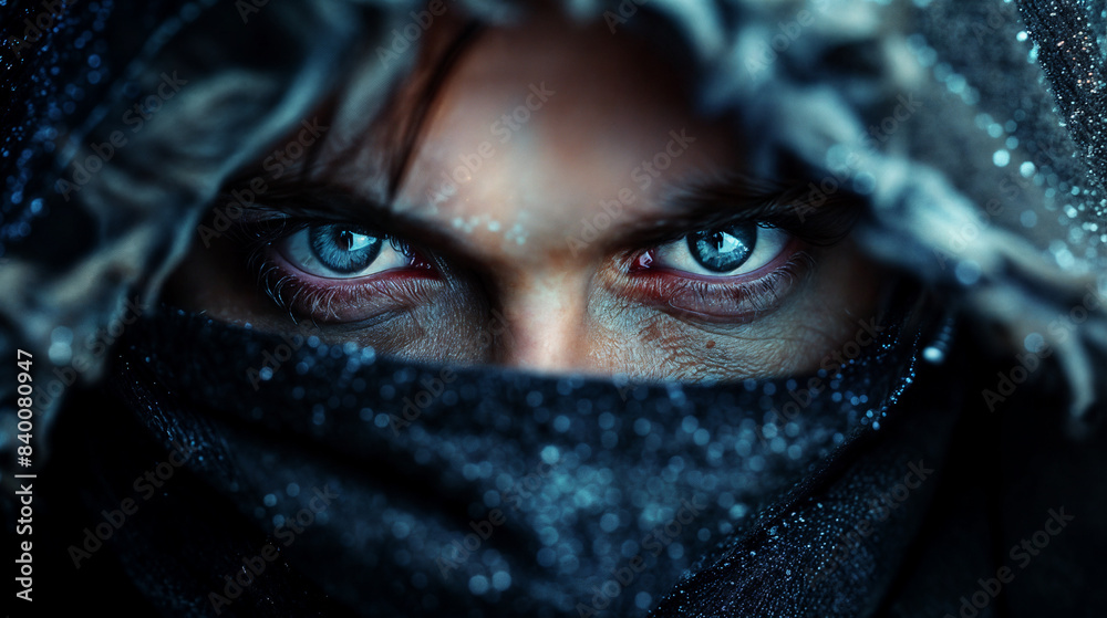 Closeup of a man wearing hood and mask with intense expression Closeup of a man wearing hood and mask with intense expression