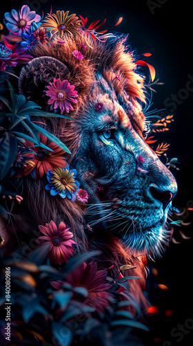 Dramatic portrait of a lion with colorful flowers in its mane