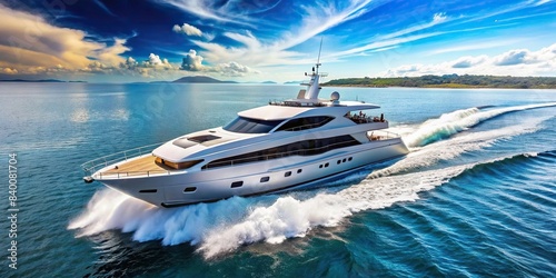 Luxury motor yacht cruising on the open ocean, yacht, luxury, boat, ocean, sea, water, travel, adventure, lifestyle, nautical, vacation, elegant, peaceful, relaxation, serene, expensive photo