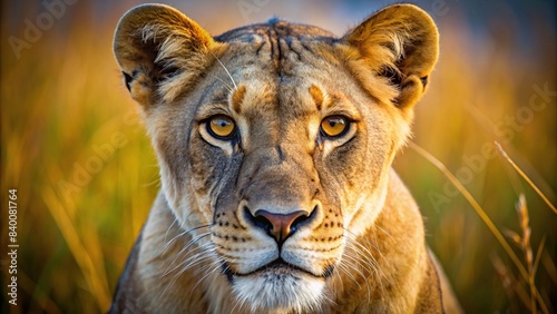 Captivating close-up of a lioness in the African savannah, her intense gaze piercing through the lens , lioness, Africa, savannah, wildlife, intense, predator, nature, animal, close-up