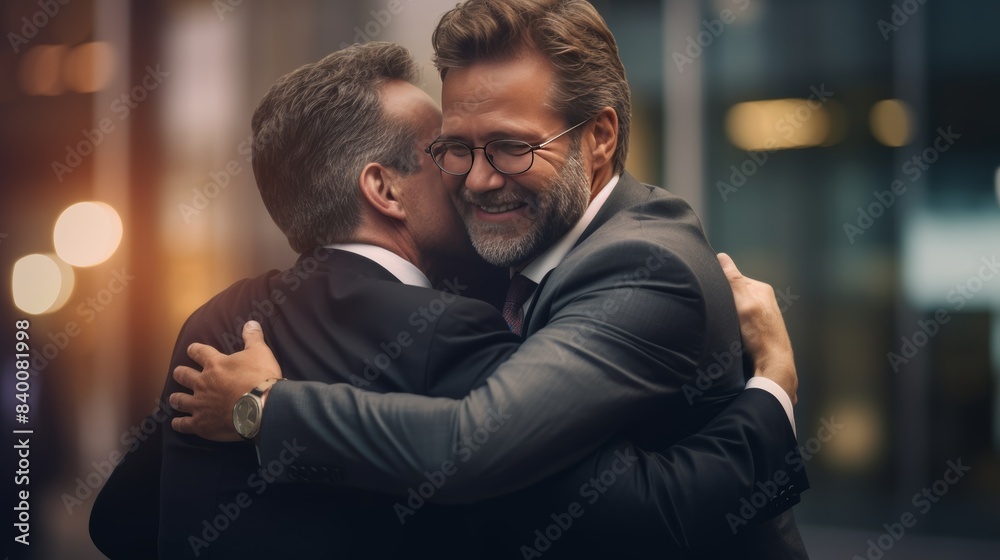 Two businessmen embracing each other in a warm hug, their gestures conveying their shared success and joy.