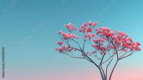 A minimalist 3D tree design with sleek, modern lines and clusters of simple, stylized pink flowers, set against a gradient sky-blue background for a contemporary wallpaper. © Aqsa