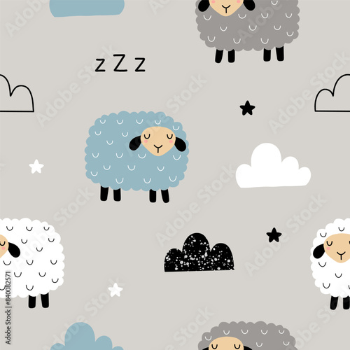 Seamless pattern with cute sheep, star and cloud for your fabric, children textile, apparel, nursery decoration, gift wrap paper, baby's shirt. Vector illustration