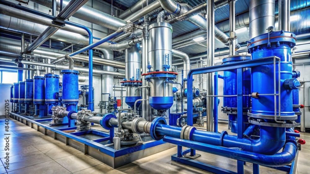 Industrial boiler room with blue pumps, shiny stainless metal pipes, and valves , industrial, boiler room, water treatment facility