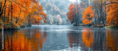 Calm river with autumn trees, vibrant colors, serene atmosphere, natural beauty, copy space