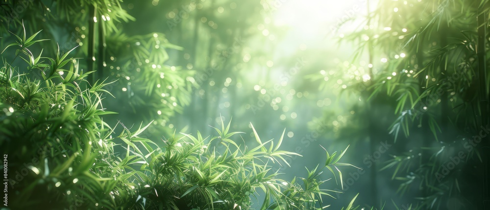 Bamboo forest with sunlight, serene and lush, green tones, copy space Bamboo forest with sunlight, serene and lush, green tones, copy space