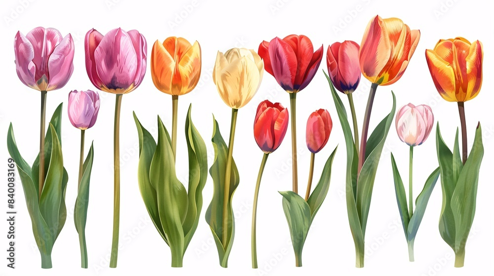 A collection of sprig tulip blooms separated on a white background. A collection of sprig tulip blooms separated on a white background.