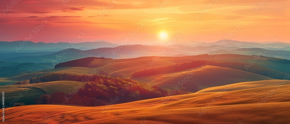Sunset over rolling hills, warm and serene, natural beauty, copy space Sunset over rolling hills, warm and serene, natural beauty, copy space