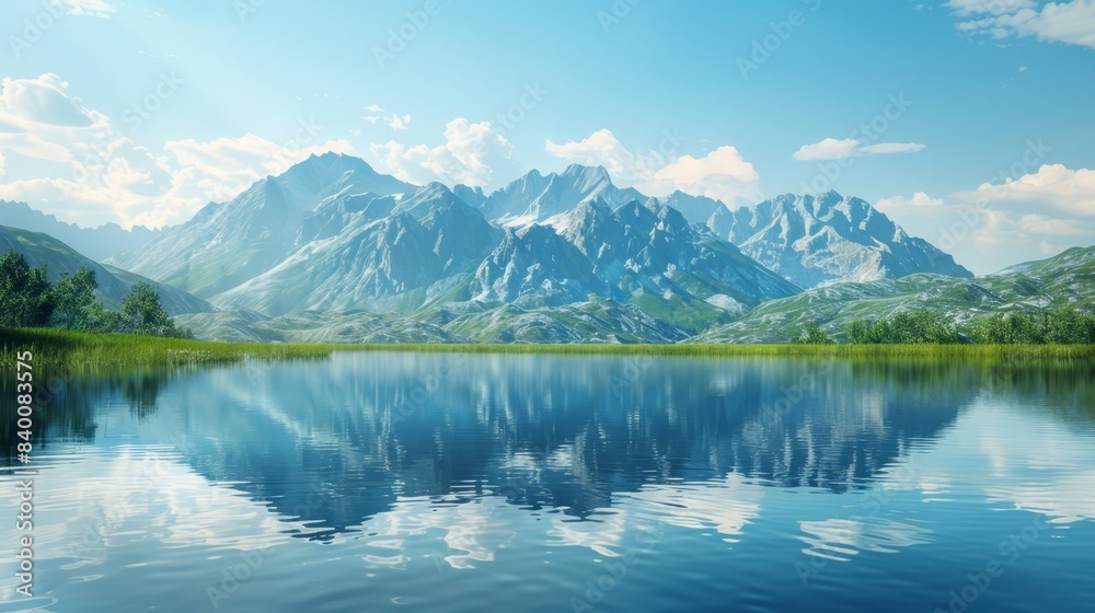 Tranquil lake with a reflection of mountains, clear sky, peaceful scene Tranquil lake with a reflection of mountains, clear sky, peaceful scene