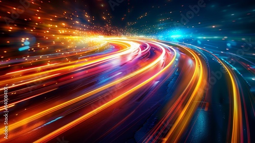 Abstract light trails, vibrant and dynamic, night scene, copy space