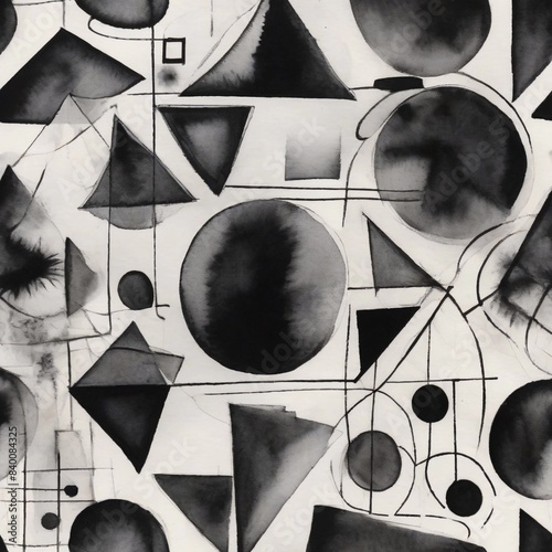 black ink in many shades depicting irregular geometric forms, triangles and circles, black and white background, black and white shadows, ink flowing on paper, space filled with objects