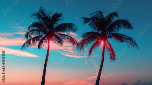 A minimalist summer design featuring two palm trees in silhouette with soft neon red backlighting, against a serene blue sky with wispy clouds at sunset.