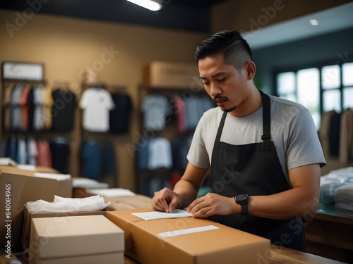 An Asian shopkeeper is writing down the shipping address of an order