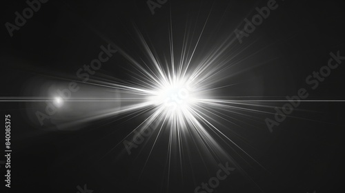A minimalist white lens flare with a sharp central glow and fading rays, suited for adding a simple yet powerful light effect to any background, enhancing the focus on central elements.