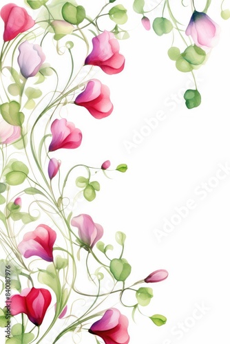 sweet pea themed frame or border for photos and text. pastel-colored blooms and curly tendrils. watercolor illustration, white color background. 