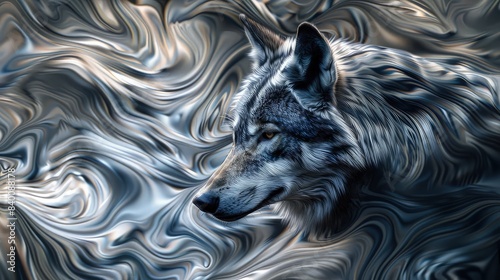 A mysterious wolf abstract wallpaper, with pastel silvers and blacks swirling together, reflecting the animala??s elusive and powerful nature. photo