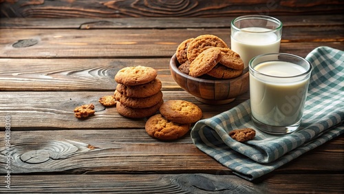 Rustic table with homemade cookies and milk, featuring ample copy space in the center, homemade, cookies, milk, rustic, table, copy space, dessert, snack, sweet, treat, fresh, baking