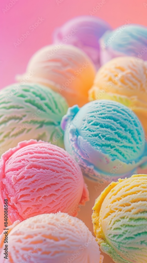 9 Round scoops of vibrant ice cream, macro shot, soft focus, light pastel tones 9 Round scoops of vibrant ice cream, macro shot, soft focus, light pastel tones