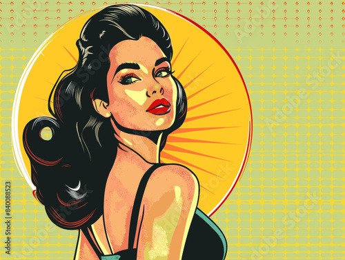 beautiful brunette woman with long hair , retro style pop art pin up, flat vector illustration