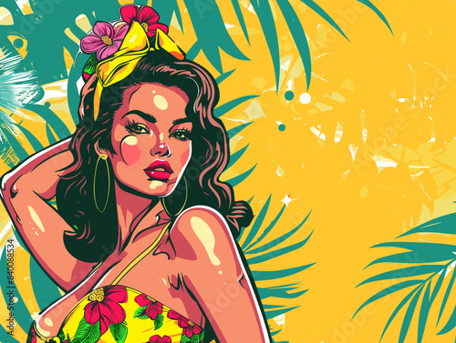 A woman in a bikini with a yellow bandana on her head. The background is a yellow and green tropical scene