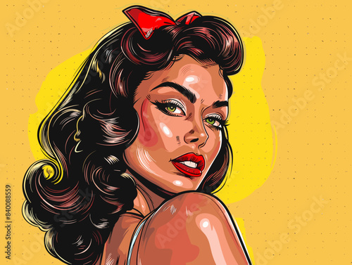 beautiful brunette woman with long hair , retro style pop art pin up, flat vector illustration