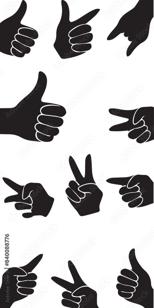 Fototapeta premium The thumbs up, peace signs, and pointing fingers are arranged in a dynamic and scattered pattern