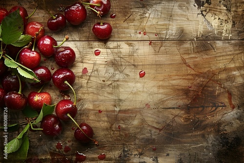 Świeże wiśnie na drewnianym stole photo
