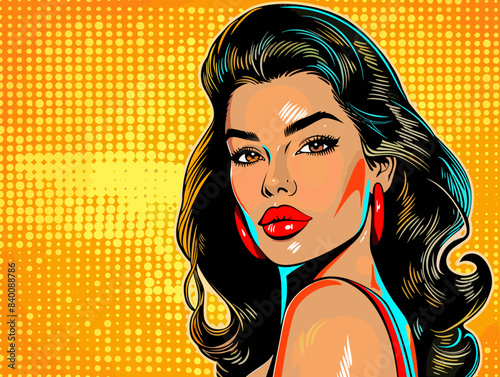 beautiful brunette woman with long hair , retro style pop art pin up, flat vector illustration
