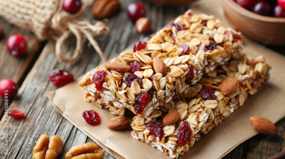 Close-up of granola bars with nuts and dried fruits on parchment paper, on a wooden surface. Close-up of granola bars with nuts and dried fruits on parchment paper, on a wooden surface.
