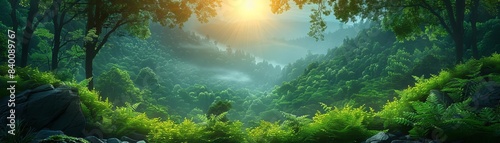 Deep tropical jungles of Southeast Asia, green trees tunnel extra wide background banner