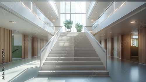 Lobby and staircase space in a modern psychiatric hospital, in the style of textural minimalism. Generative AI.