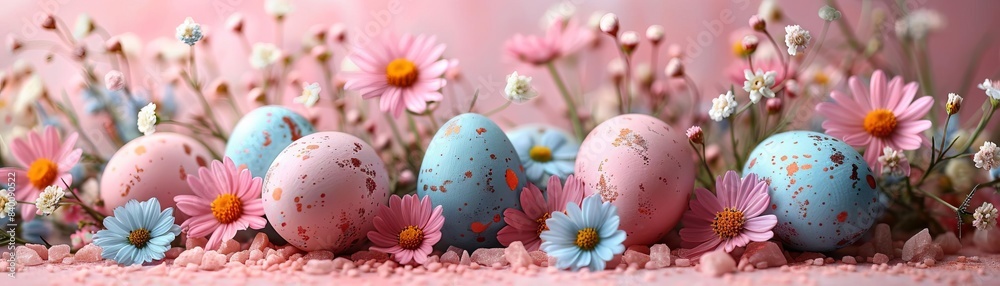 Stylish easter eggs and spring flowers border on pink marble textured flat lay Stylish easter eggs and spring flowers border on pink marble textured flat lay
