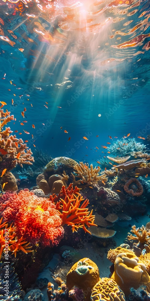 Fototapeta premium 12 Flourishing coral garden, diverse marine species, sunlight patterns, high resolution, panoramic