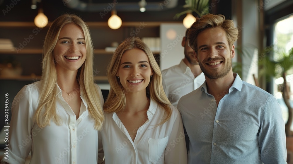 A business team is pictured standing at their desks smiling A business team is pictured standing at their desks smiling