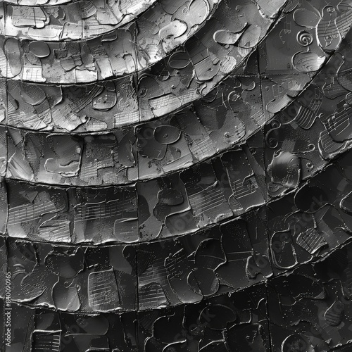 Black white photo with circular pattern, like a tire tread on wood photo