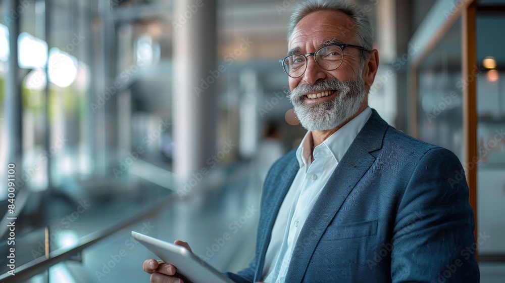 Smiling mature businessman using digital tablet and looking away thinking while working on device. Businessman with suit and tablet in office using digital tablet. Smiling mature businessman using digital tablet and looking away thinking while working on device. Businessman with suit and tablet in office using digital tablet.