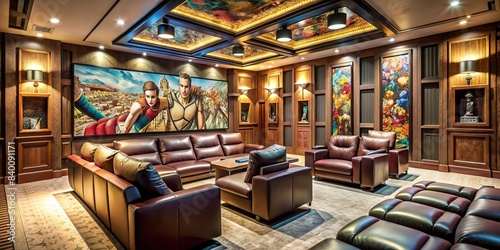 Luxurious home theater with retro comic book interiors featuring plush recliners, projection screen, and stylish furniture , luxury, home theater, retro, comic book