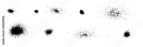 Paint spray splatter elements. Collection of graffiti vector ink dotted splashes. Grainy gradient analog handmade gradients. Noise dust sand drip texture. Speckled grit, stippled dots spatter