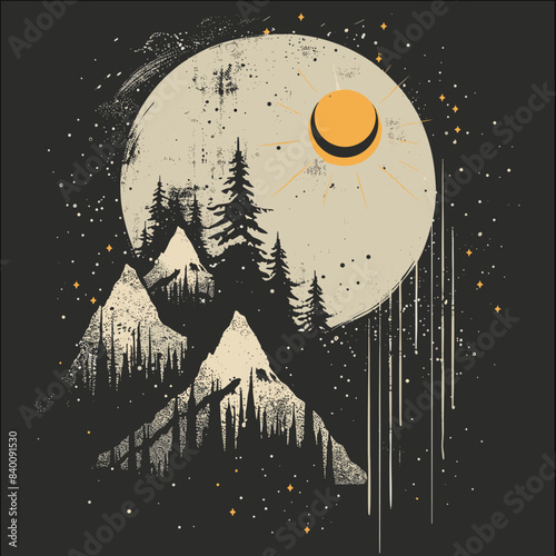 Vintage hand drawn mountain with sun and moon. T-shirt design Vector hand drawn illustration