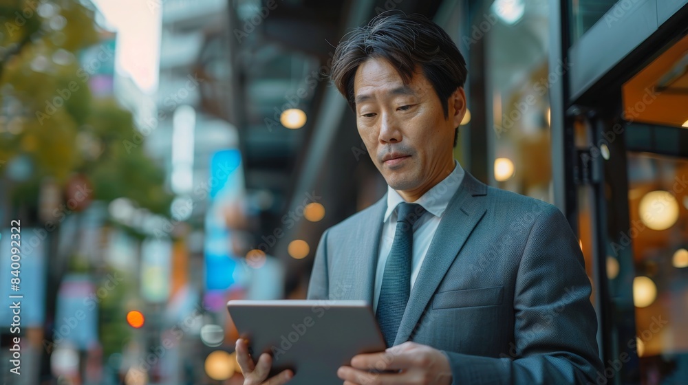 The young Asian businessman is using a tablet at the window. The Japanese executive is using a fintech device, checking on digital marketing and e-commerce business projects. The young Asian businessman is using a tablet at the window. The Japanese executive is using a fintech device, checking on digital marketing and e-commerce business projects.