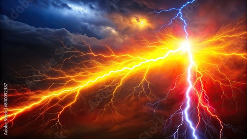 An electrifying lightning bolt against a dark backdrop, featuring a striking red and yellow center, lightning, bolt, electricity, energy, powerful, sky, storm, nature, dramatic, intense